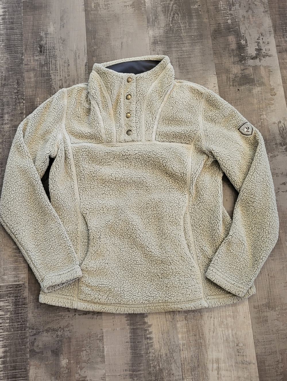 Kuhl Womens Small Avolan 1/4 Snap Top Sherpa Fleece Sweater Beige Hiking Outdoor